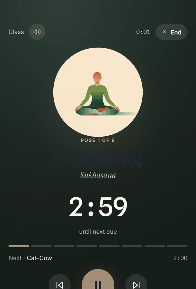 Teach mode — full-screen guided teaching with per-pose timer, cue and pose art